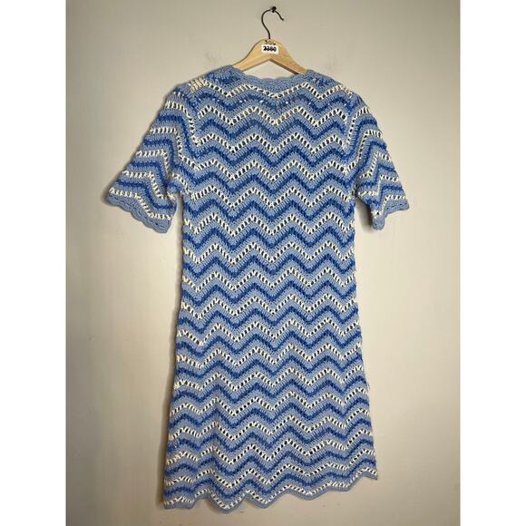 NEW Ganni Cotton Crochet Light Blue and White Short Sleeve Mini Dress Sz: Medium - Picture 7 of 8
